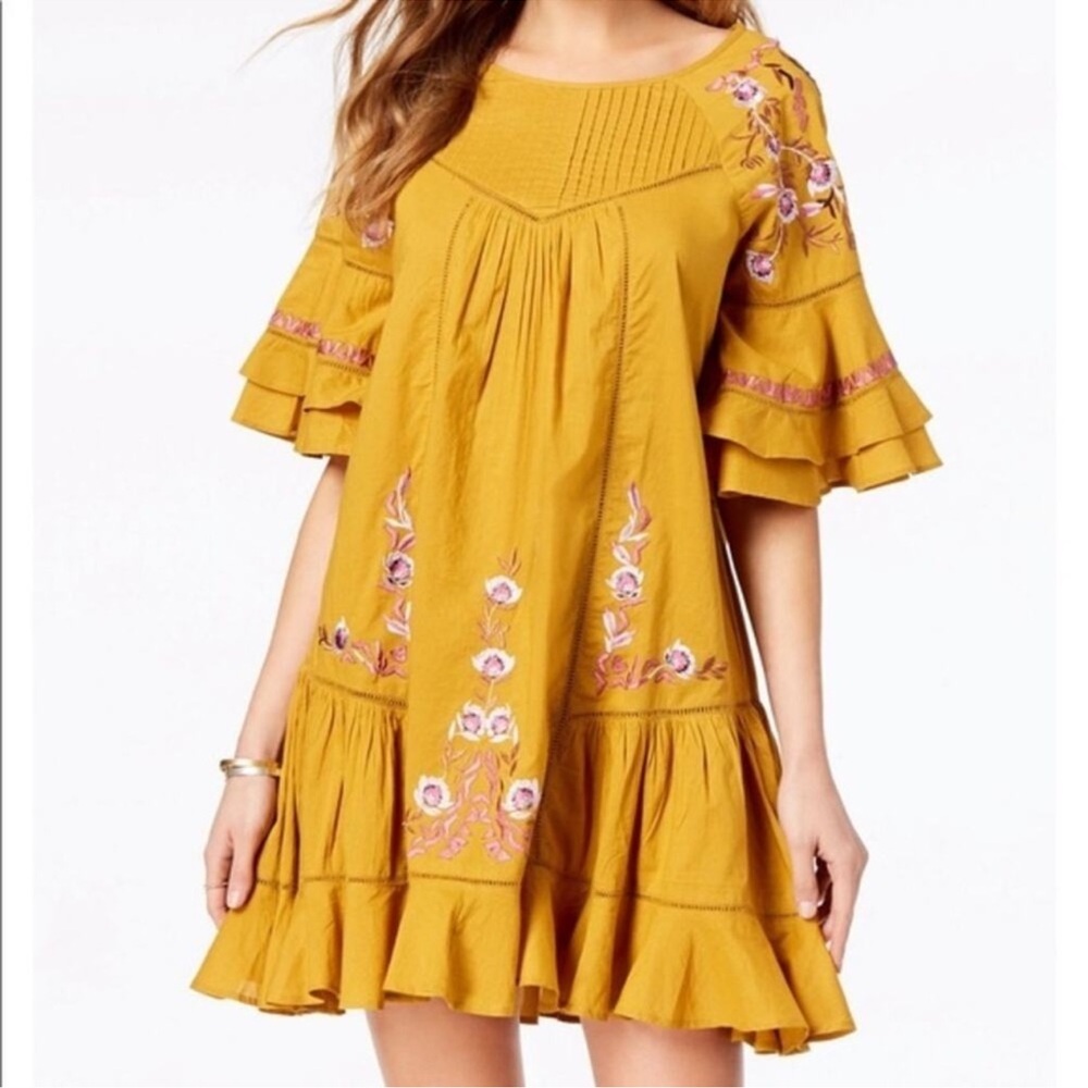 Free People Pavlo Embroidered Mustard Yellow Short Dress Women’s Small